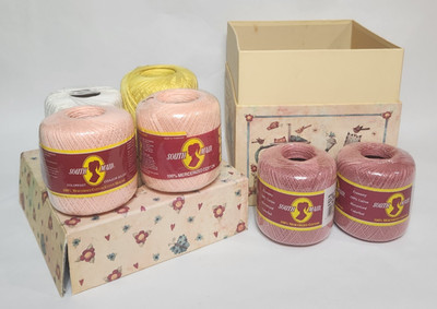 Vintage South Maid Mercerized Cotton Thread Lot 6 Balls Peach White Yellow USA