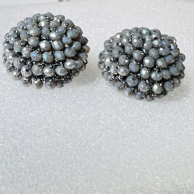 Vtg 50s Bluish-Gray Beaded Post Earrings Iridescent Accents & Silver Threading