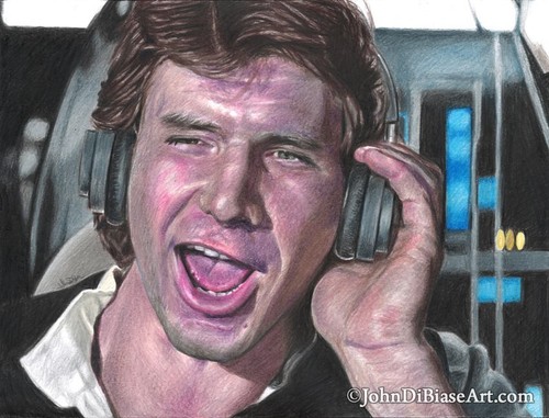 Han Solo (Harrison Ford) w/ Headphones Star Wars Pencil Drawing 9” x 12” Art - Picture 2 of 2