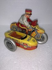 Vintage Marx Tin Litho Motorcycle W/ Sidecar, Wind Up 3 Police Squad - Works