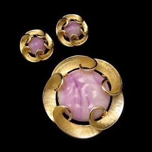 MARVELLA-Vintage-Purple-Swirl-Art-Glass-Brooch-Pin-Earrings-Matte-Gold-Plated