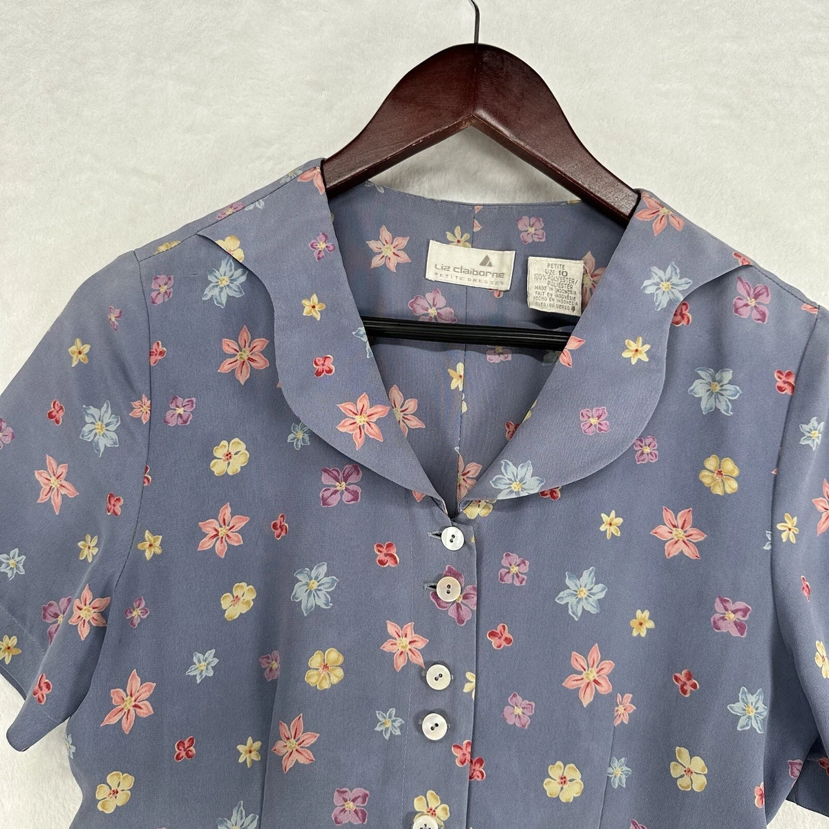 Vintage Liz Claiborne Dress Womens 10 Petite Blue Floral Button Up Maxi Prairie