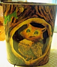 Vtg Metal Owl Trash Can Tree Bark Pattern Limb & Butterfly on Back J L Clark USA
