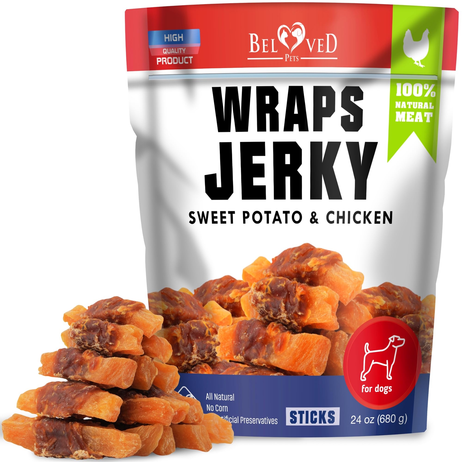 1.5 Pound Sweet Potato Jerky Chicken Wraps Natural Dog Chews Grain Free