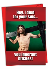 1 Funny Christmas Greeting Card w/Envelope-Merry Xmas Holiday Died For Your Sins
