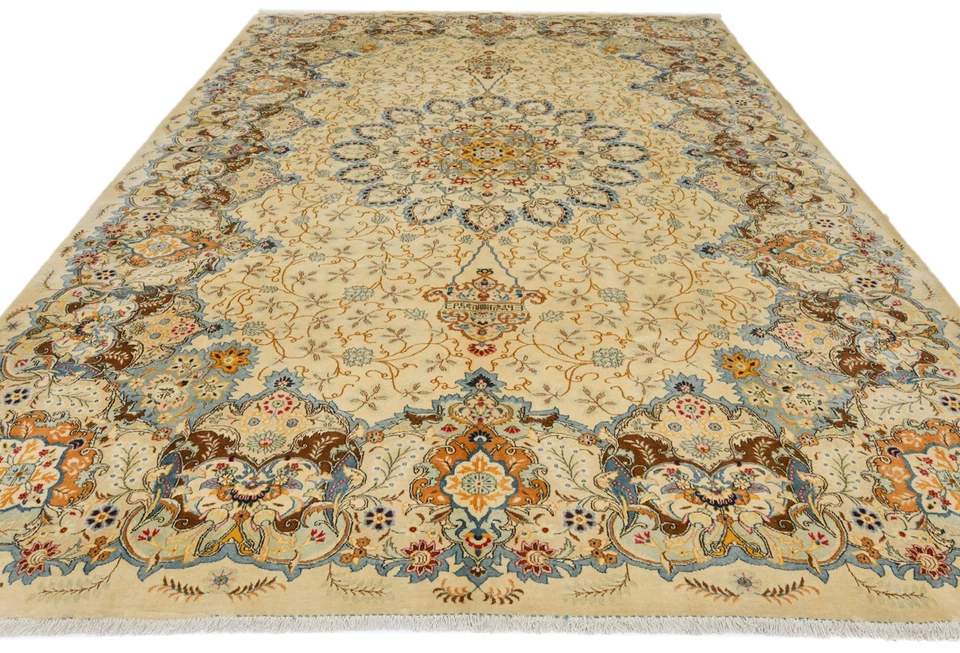 Handmade Semi-Antique Oriental Rug Beige Medallion Traditional Carpet 9X13 ft - Image 2 of 4