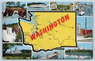 Postcard WA State Map Washington Cities Roads Attractions Vintage Linen P10
