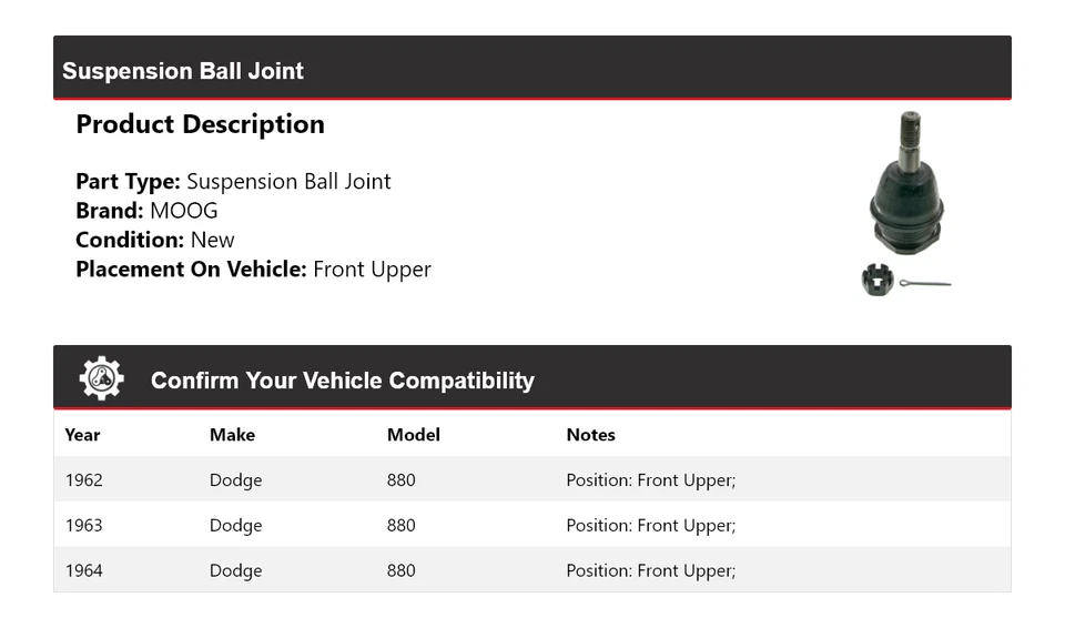 Передний верхний шарнир подвески для Dodge 880 1962-1964 годов выпуска MOOG 1962 1963 1964 - Изображение 2 из 4