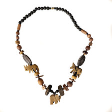 VTG African Safari Hand Carved Wooden Necklace Zebra Rhino Elephant Beaded 14