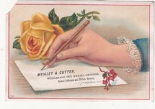 Wrigley & Cutter Grocers Peoria IL Yellow Rose Hand Pen Vict Card c1880s