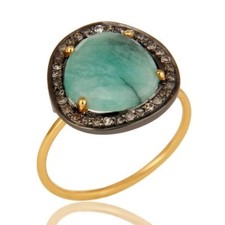 Natural Emerald Gemstone And Pave Diamond 14K Yellow Gold Stackable Ring