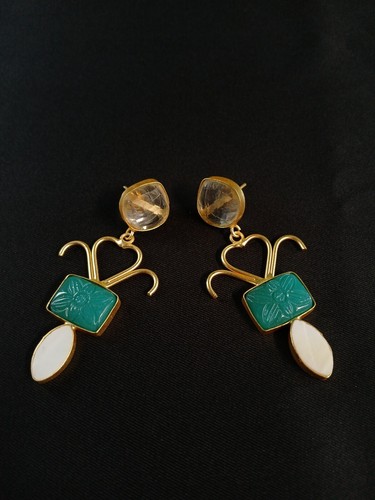 Vintage Golden Colour Blue Stone Drop Stud Earrings for Women and Girls - Picture 7 of 11