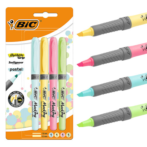 Bic Highlighter Grip Pastel Pens - Assorted Pastel Highlighters - Pack of 4