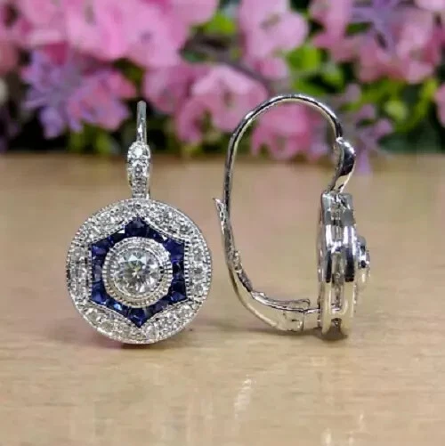 Art Deco Vintage Style Lab-Created Diamond & Sapphire Earrings 14k White Gold Fn - Image 4 of 4