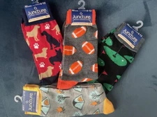 Juncture Novelty Crew Socks Men's Sz 6-12 Funny Crazy Golf Dogs Camping Football