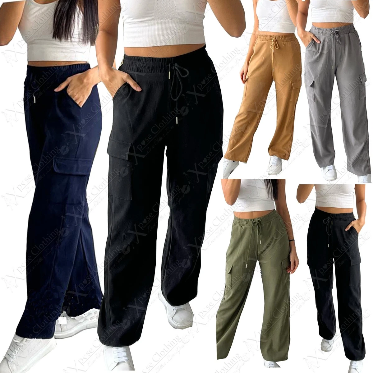 NEW LADIES WIDE LEG CARGO COMBAT STRETCH CASUAL TROUSERS WOMENS