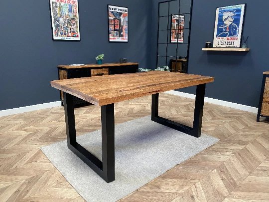 Sara Luxury Solid Mango Wood Industrial Dining Table in Distressed Natural