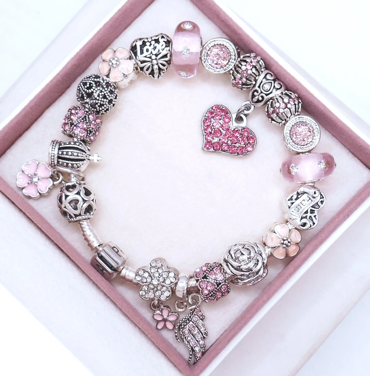 PANDORA SILVER BRACELET WITH PINK LOVE EUROPEAN CHARMS & WHITE LEATHER BOX!