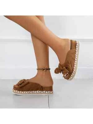 Sandales Sabots Chaussons 8 Cm Plateforme Plateau Marron Cuir Synthétique 507124 - Photo 1/2
