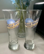Blue Moon 12oz Beer Bar Glasses Summer Honey Wheat Skinny Neck Lot of 2 