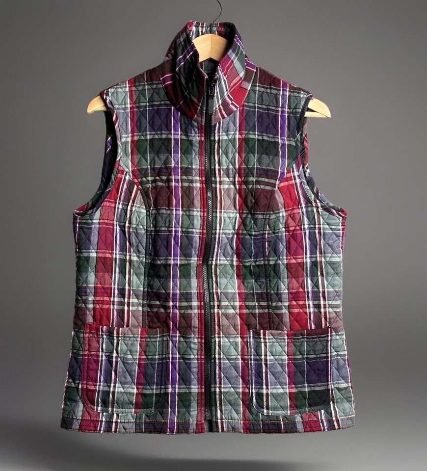 Quilted Vest S Plaid Retro 90s Chore Pockets Full Zip Madras Gorpcore