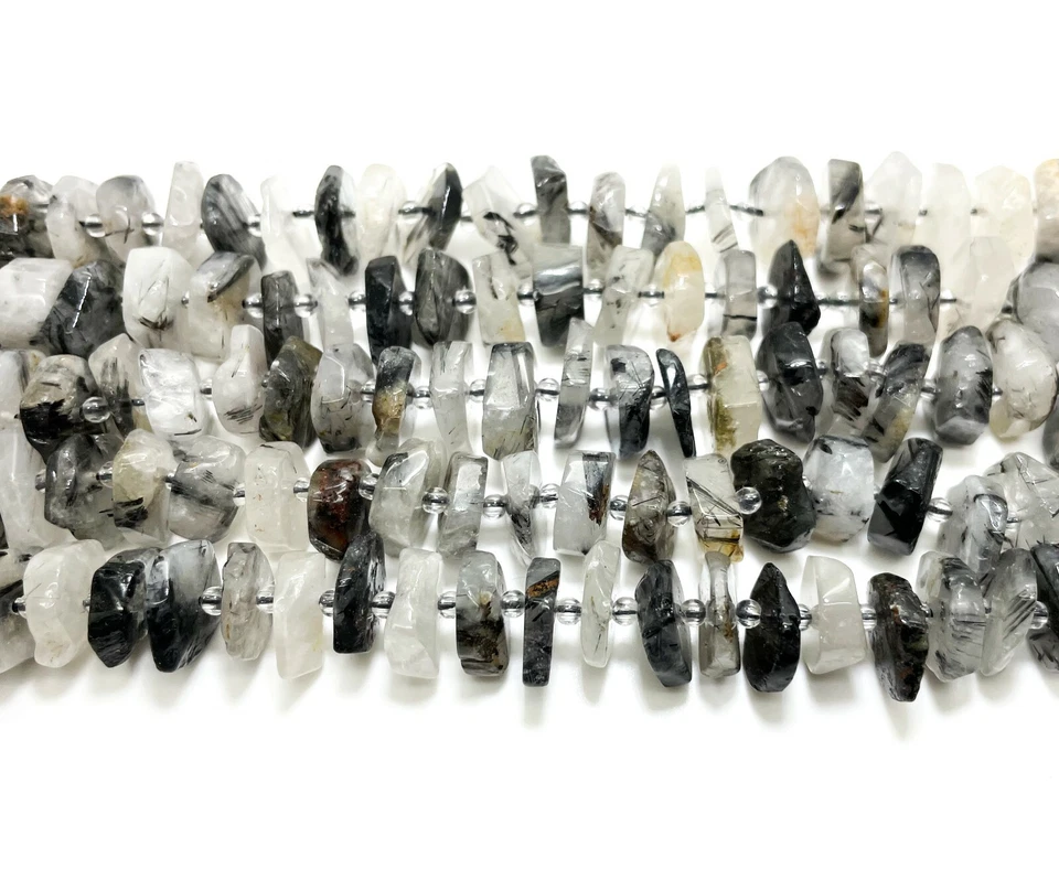 Natural Cloudy Black Tourmaline Quartz Faceted Flat Nugget Gemstone Beads RDF15 - Image 2 of 3