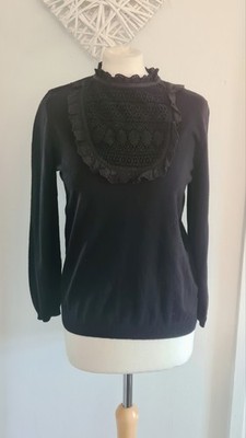 Damen Frauen Monsoon schwarz Langarm Rüschenbesatz Häkel Latz Pullover Größe 12