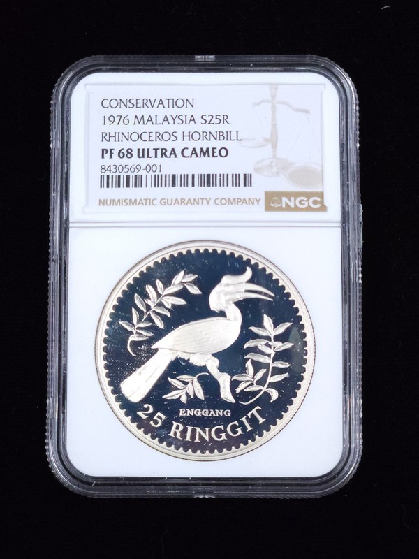 1976 Malaysia Silver $25 NGC PF68 ULCA Rhinoceros Hornbill Conservation Coin