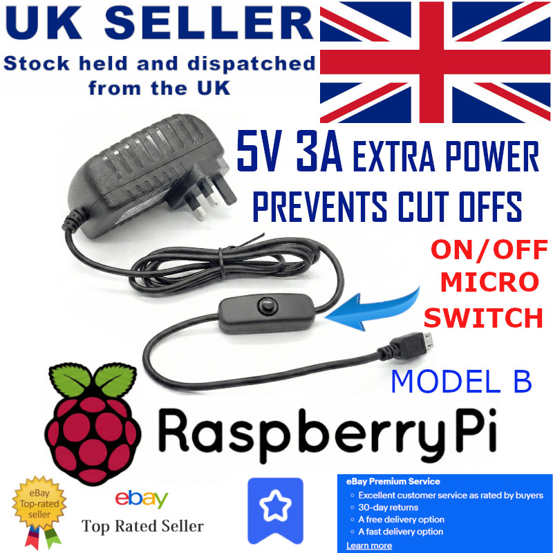 Raspberry Pi 3 Model B Micro USB Mains Power UK Wall Supply Charger 5V 3A UK