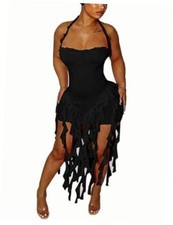 Women's Halter Fringe Bodycon Mini Dress for Club Party Vacation  Medium Black