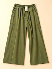 Women  s Green Solid Wide-Leg Pants Drawstring Elastic Waist One Size