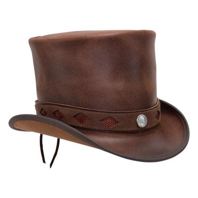 Black Leather Top Hat Handmade Bull Nickle Style Band Victorian Hat / Steampunk