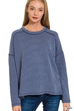 Navy  Zenana Wavy Corded Rib Knit Top w/ Drop Shoulders and Long Sleeves