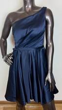 STACEES Navy One Shoulder Cocktail Dress Size 8 Satin Fit & Flare Pockets 33”