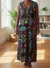 Shoreline Dress Womens Sz XL Maxi Beading Black Neon V-neck Sleeveless NEW