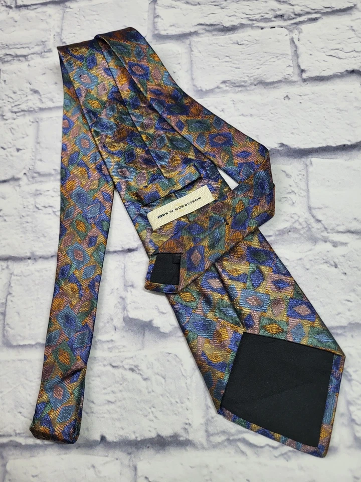 Corbata de seda John W. Nordstrom azul cobre verde geométrica Italia 59 x 3,7/8 Foto 4 de 4