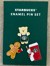 Starbucks Enamel Pin Set Christmas Barista Bear  Gingerbread Man Starbucks 3 Pcs