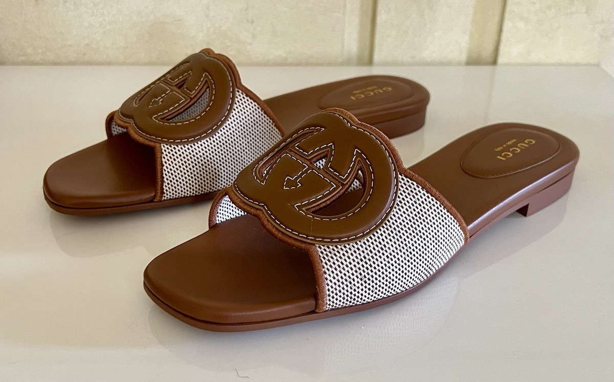 NIB Gucci women's 38 1/2 brown leather & canvas slide sandals