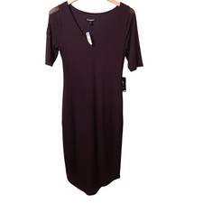 Express Ribbed V Neck Sheer Sleeve Midi Dress Plum Purple M NWT