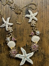 Sea Themed Charm Link Necklace Shells Starfish Enamel Gold Tone AB Rhinestone