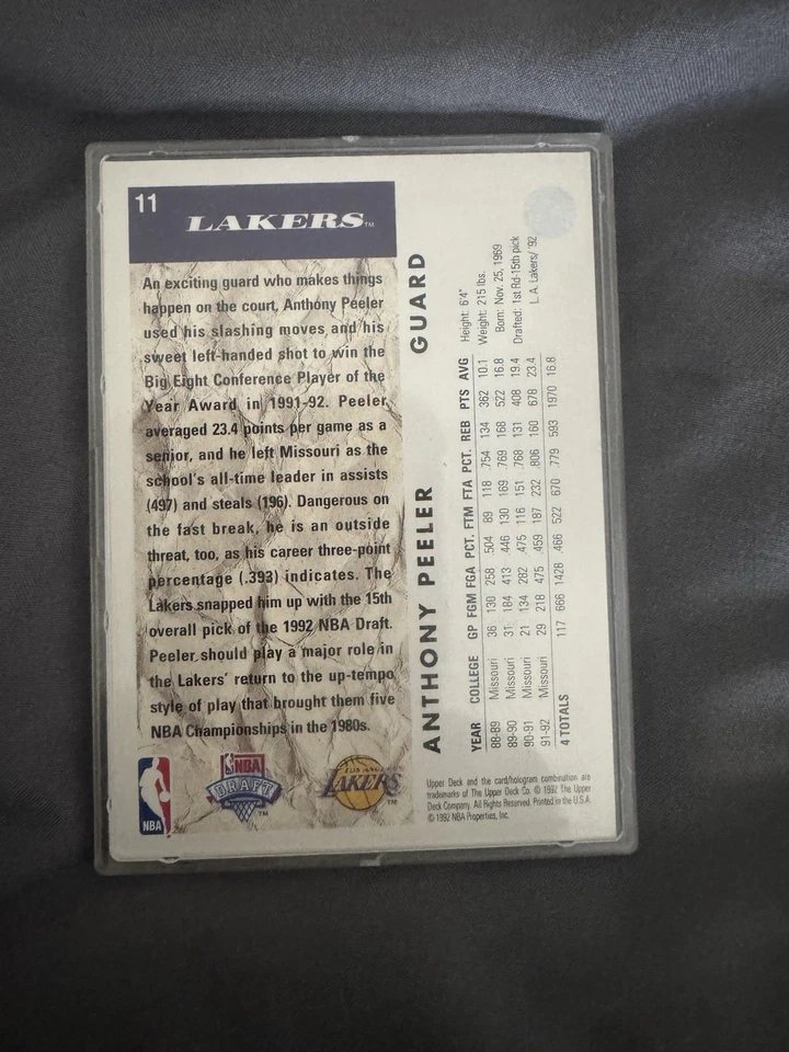 1992-93 Upper Deck - Anthony Peeler #11 (RC) Autographed Card - Image 2 of 3