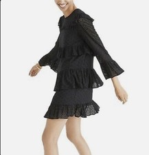 MADEWELL Boho Eyelet Waterlily Ruffle Tiered Mini Dress Size 8 Black Bell Sleeve