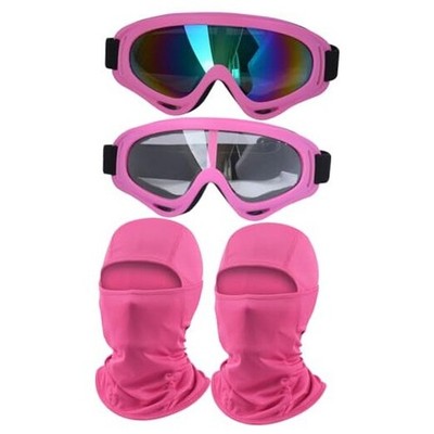 2Pcs Motorcycle Goggles with 2Pcs Balaclavas, Dirt Bike Hot Pink Colorful-Clear