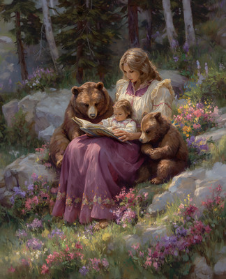 8x10 Woman Reading a Book with Two Bears Art Print - 321682992