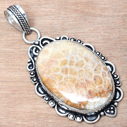 925 Silver Fossil Coral Gemstone Anniversary Wishes Gifted Jewelry Pendants 2.5" - Picture 1 of 7