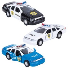 Die-Cast Pull Back Police Car - Caprice 4.5" Chevy Blue, White and Black. Open