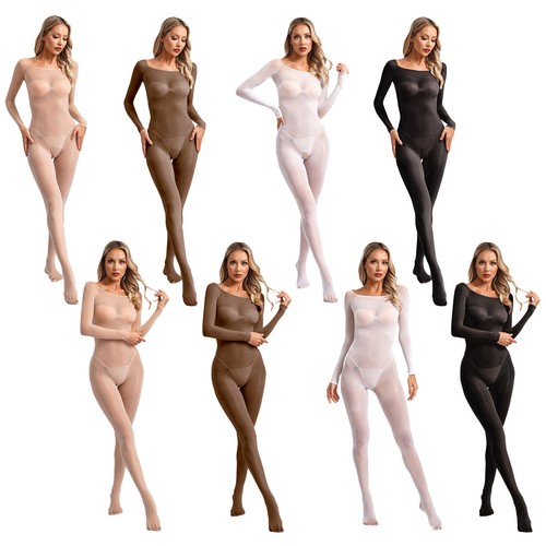 Women Unitard Sexy Leotard Ultra Rompers Compression Jumpsuit Long Sleeve Silk - Picture 2 of 97