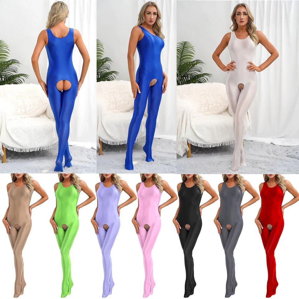 Damen Öl Glanz Offener Schritt Bodysuit Stretch U-Ausschnitt Jumpsuit Overall - Bild 3 von 4