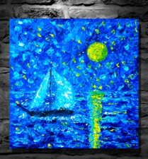 Mikol Merlin Original Painting Abstract Modern Impasto Seascape Sailboat Moon