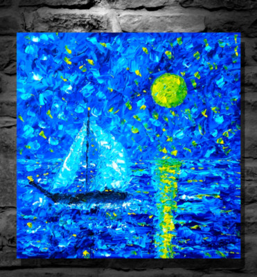 Mikol Merlin Original Painting Abstract Modern Impasto Seascape Sailboat Moon